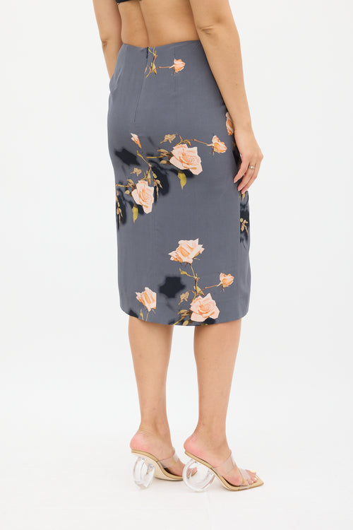 Dries Van Noten Grey & Multi Silk Floral Skirt