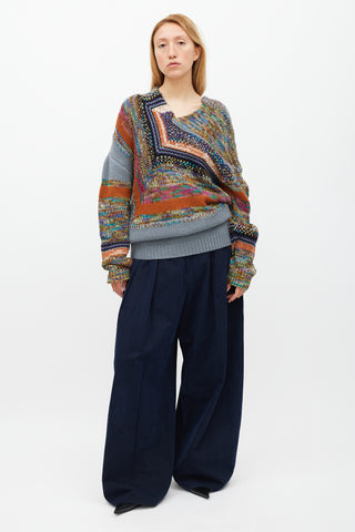 Dries Van Noten Grey & Multicolour Knit Sweater