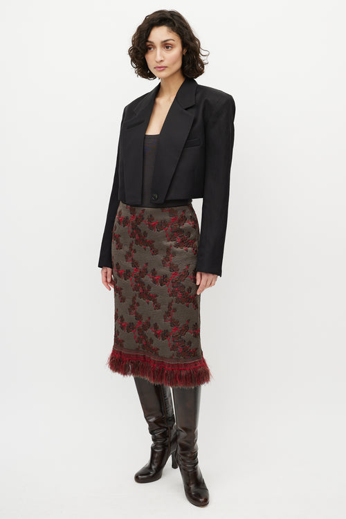 Dries Van Noten Grey & Red Floral Jacquard Fringe Skirt