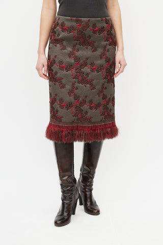 Dries Van Noten Grey & Red Floral Jacquard Fringe Skirt