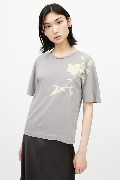 Dries Van Noten Grey & Yellow Floral Embroidered T-Shirt