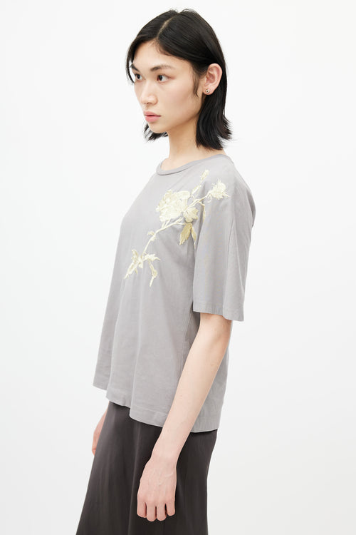Dries Van Noten Grey & Yellow Floral Embroidered T-Shirt