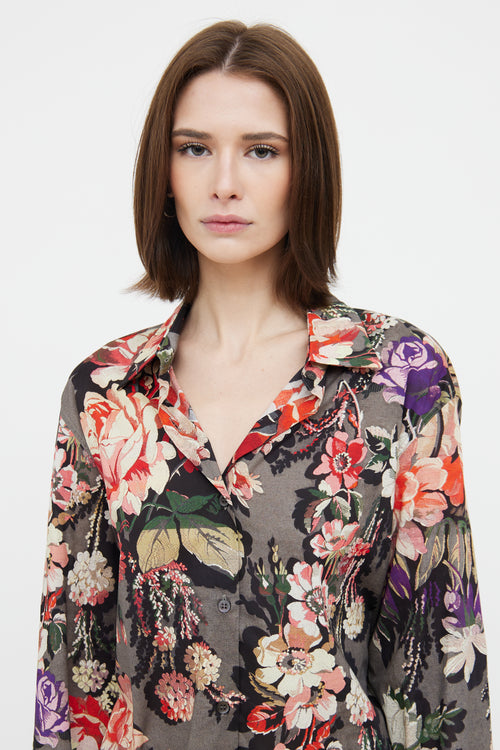 Dries Van Noten Grey & Multicoloured Floral Print Shirt