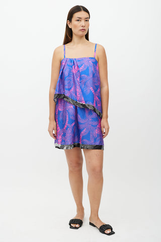 Dries Van Noten Blue & Pink Palm Tree Pattern Dress