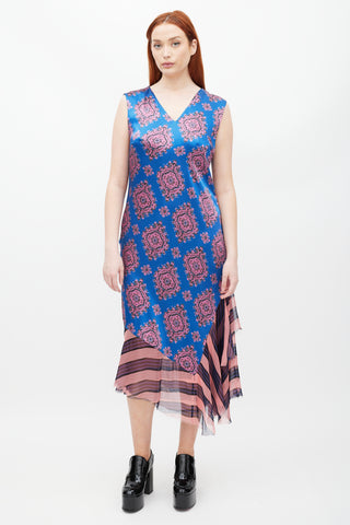 Dries Van Noten SS 2015 Blue & Pink Patterned Silk Dress