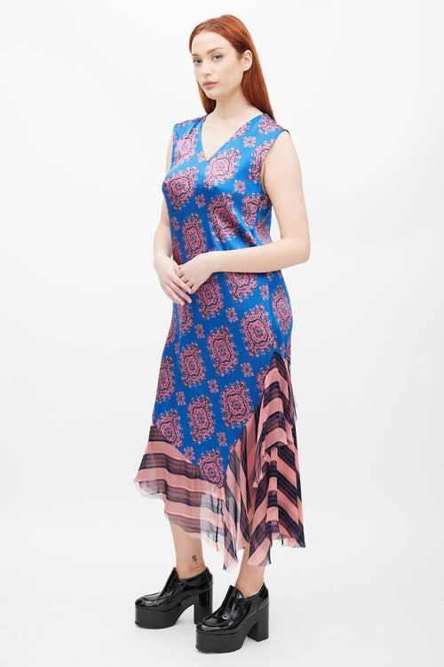 Dries Van Noten SS 2015 Blue & Pink Patterned Silk Dress