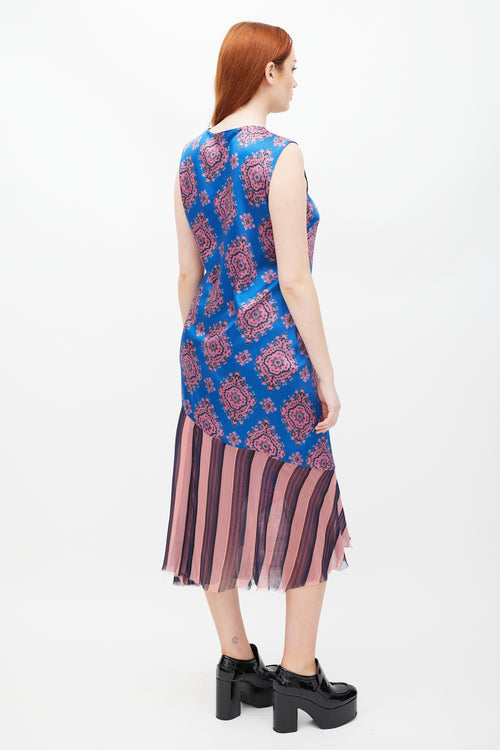 Dries Van Noten SS 2015 Blue & Pink Patterned Silk Dress
