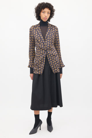 Dries Van Noten Navy & Brown Silk Jacquard Floral Blazer