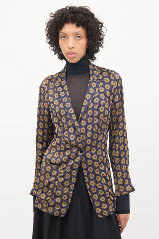 Dries Van Noten Navy & Brown Silk Jacquard Floral Blazer