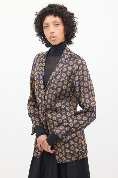 Dries Van Noten Navy & Brown Silk Jacquard Floral Blazer