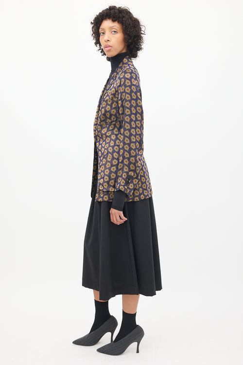 Dries Van Noten Navy & Brown Silk Jacquard Floral Blazer