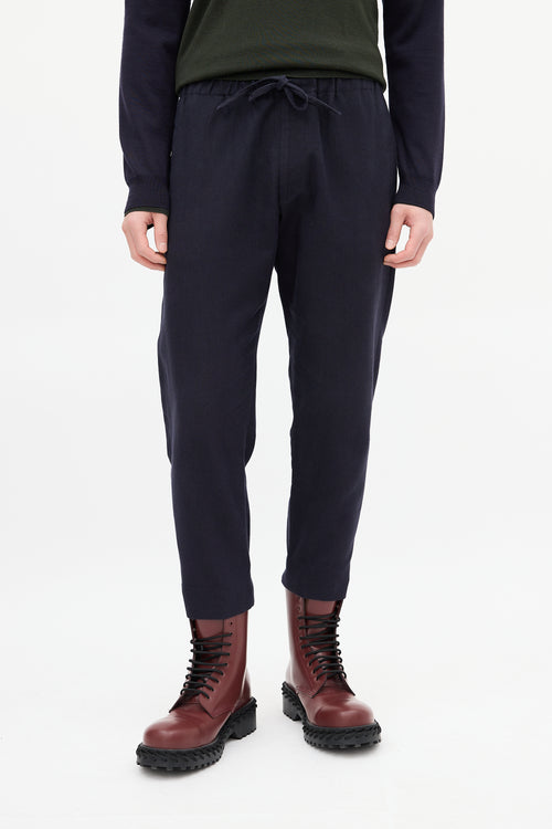 Dries Van Noten Navy Cotton & Wool Pinstripe Drawstring Trouser