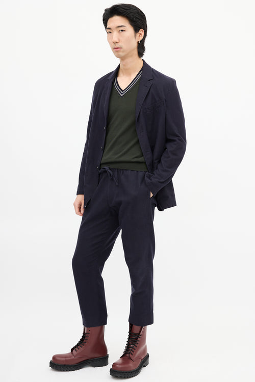Dries Van Noten Navy Cotton & Wool Pinstripe Drawstring Trouser