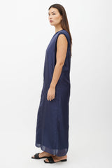 Dries Van Noten Navy Silk Blend Shift Maxi Dress