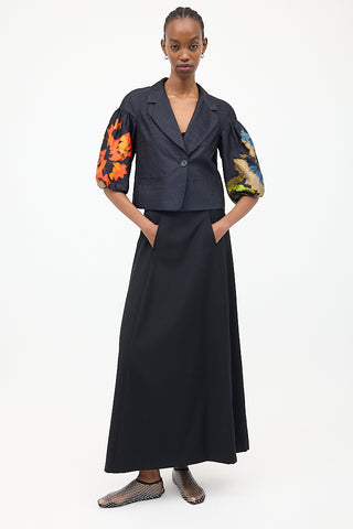 Dries Van Noten Navy & Multi Silk Floral Puff Blazer