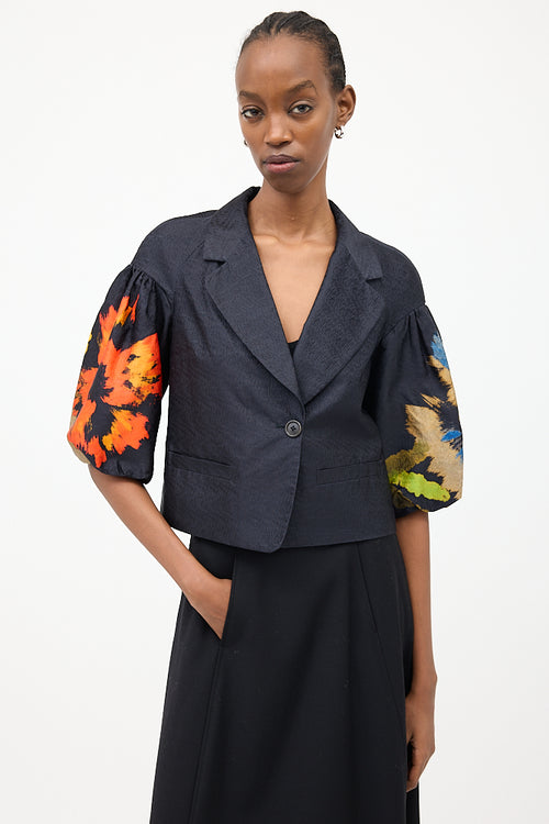 Dries Van Noten Navy & Multi Silk Floral Puff Blazer