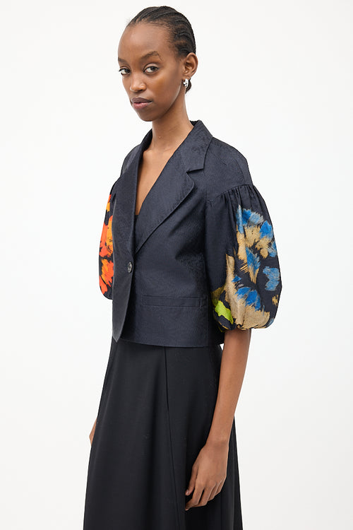 Dries Van Noten Navy & Multi Silk Floral Puff Blazer