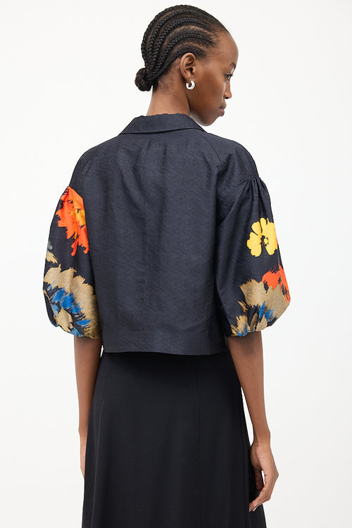 Dries Van Noten Navy & Multi Silk Floral Puff Blazer