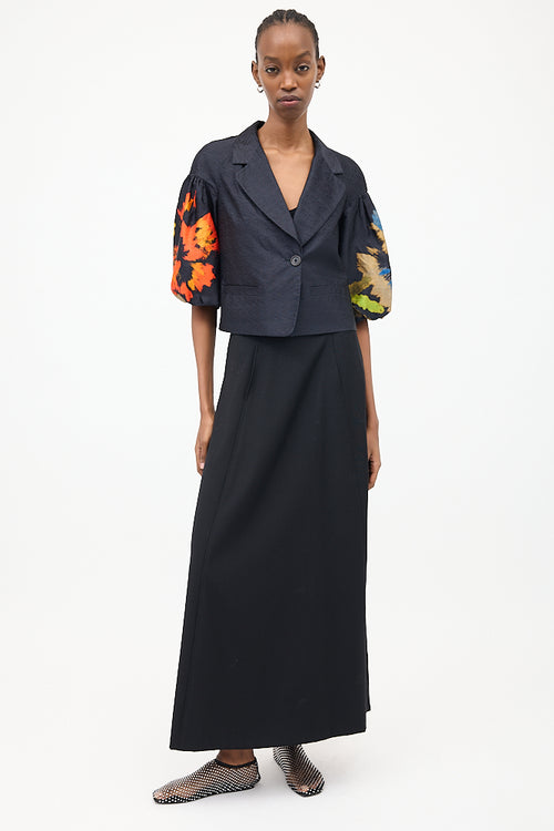 Dries Van Noten Navy & Multi Silk Floral Puff Blazer