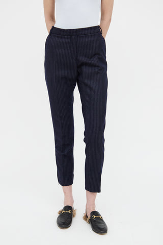 Dries Van Noten Navy Pinstripe Wool Pleated Trousers