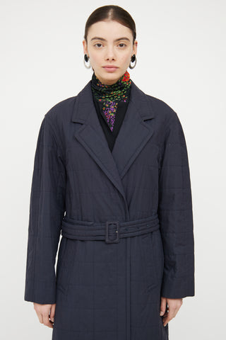 Dries Van Noten Navy Quilted Belted Coat
