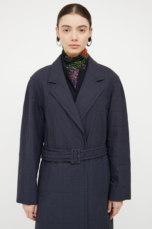 Dries Van Noten Navy Quilted Belted Coat