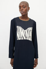 Dries Van Noten Navy & White Print Shift Dress