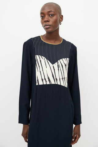 Dries Van Noten Navy & White Print Shift Dress