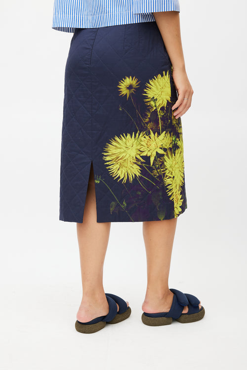 Dries Van Noten Navy & Yellow Floral Quilted Skirt