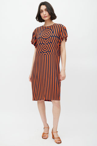 Dries Van Noten Orange & Navy Silk Geometric Striped Dress