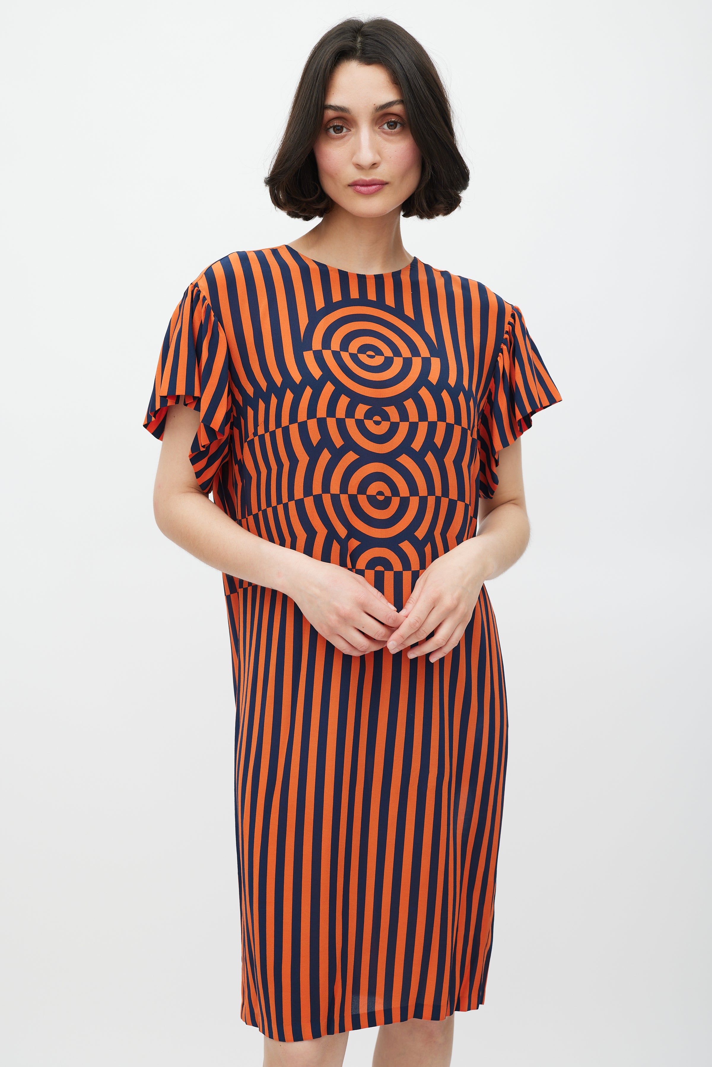 Dries Van Noten // FW 2014 Orange & Navy Silk Geometric Striped Dress VSP Consignment Dries Van Noten // FW 2014 Orange & Navy Silk Geometric Striped Dress VSP Consignment