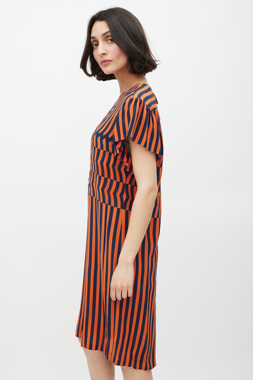 Dries Van Noten Orange & Navy Silk Geometric Striped Dress
