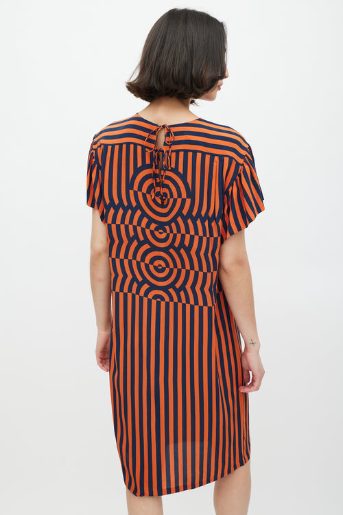Dries Van Noten Orange & Navy Silk Geometric Striped Dress