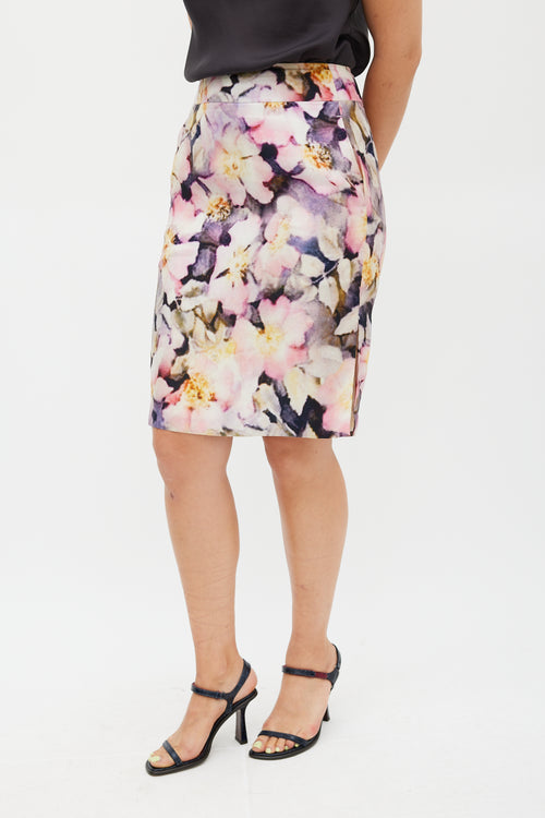 Dries Van Noten Pink & Multicolour Silk Floral Pencil Skirt