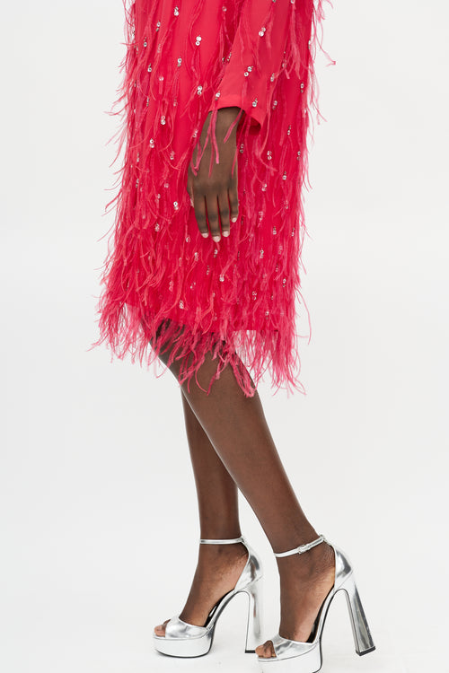 Dries Van Noten Pink Silk Jewel Feather Dress