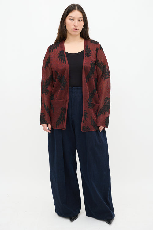 Dries Van Noten Red & Black Knit Metallic Floral Cardigan