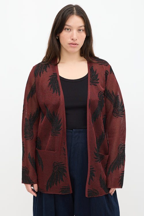 Dries Van Noten Red & Black Knit Metallic Floral Cardigan