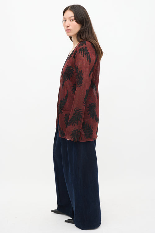 Dries Van Noten Red & Black Knit Metallic Floral Cardigan