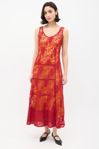 Dries Van Noten Red & Orange Floral Lace Overlay Dress