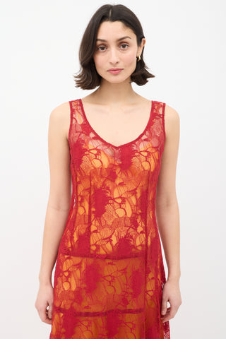 Dries Van Noten Red & Orange Floral Lace Overlay Dress