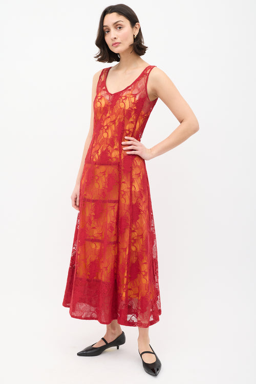 Dries Van Noten Red & Orange Floral Lace Overlay Dress