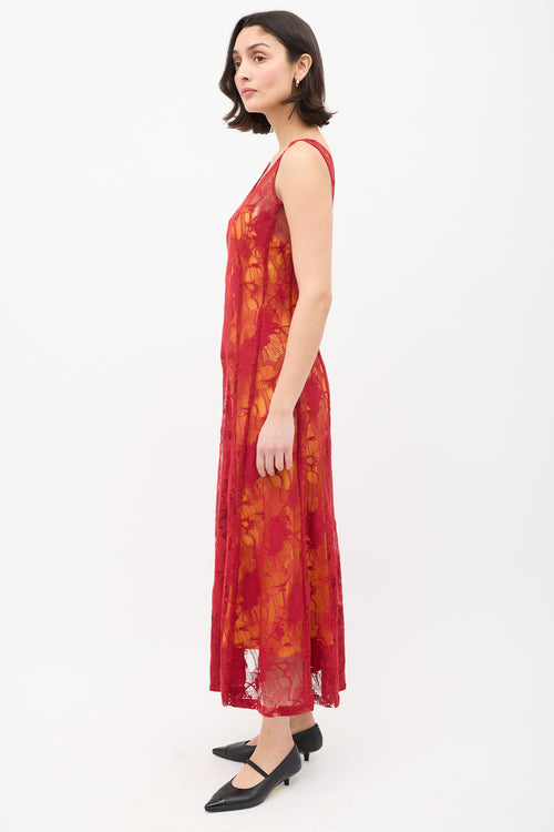 Dries Van Noten Red & Orange Floral Lace Overlay Dress