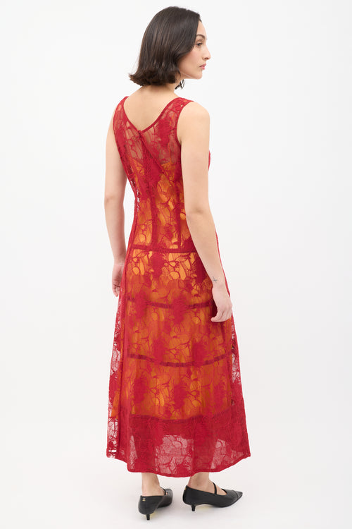 Dries Van Noten Red & Orange Floral Lace Overlay Dress