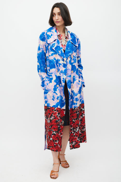 Dries Van Noten SS 2023 Blue & Multicolour Mixed Floral Trench Coat