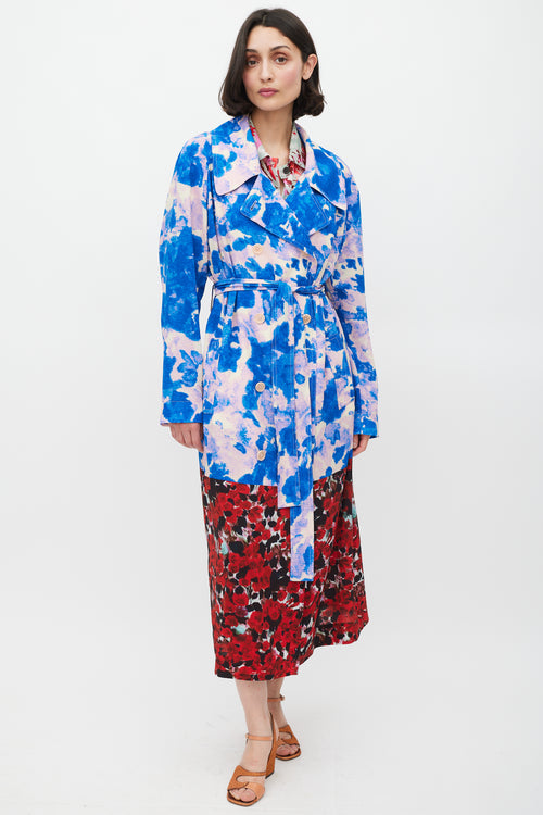 Dries Van Noten SS 2023 Blue & Multicolour Mixed Floral Trench Coat