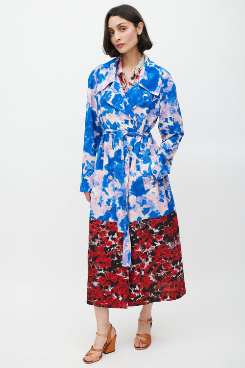 Dries Van Noten SS 2023 Blue & Multicolour Mixed Floral Trench Coat
