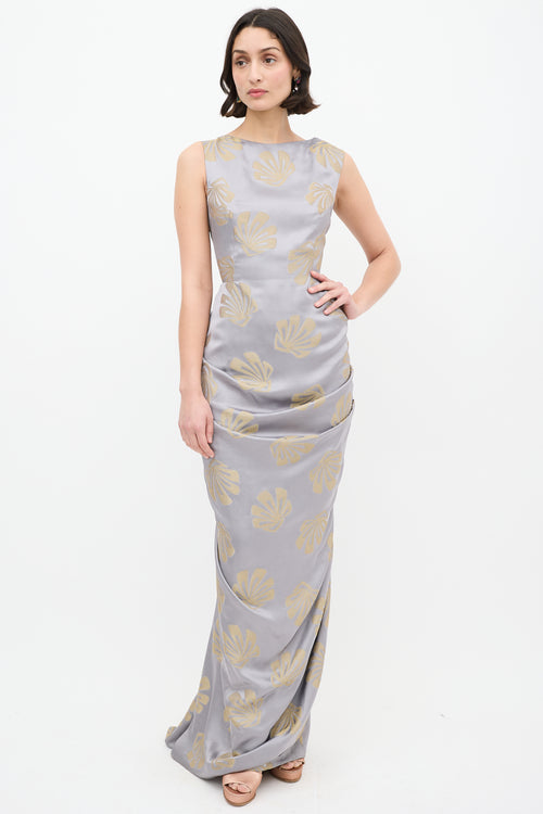 Dries Van Noten Silver & Gold Satin Danama Embroidered Gown