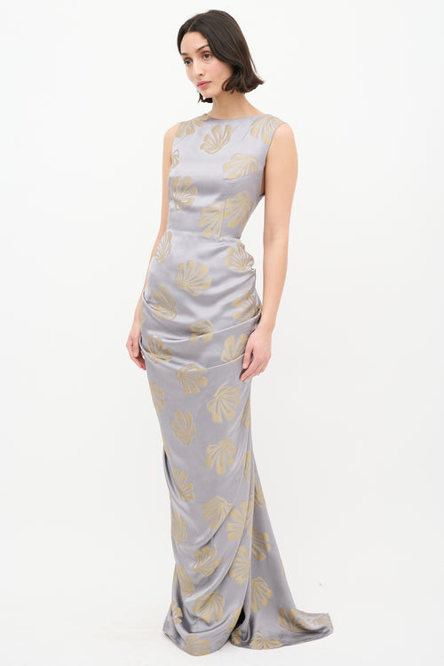 Dries Van Noten Silver & Gold Satin Danama Embroidered Gown