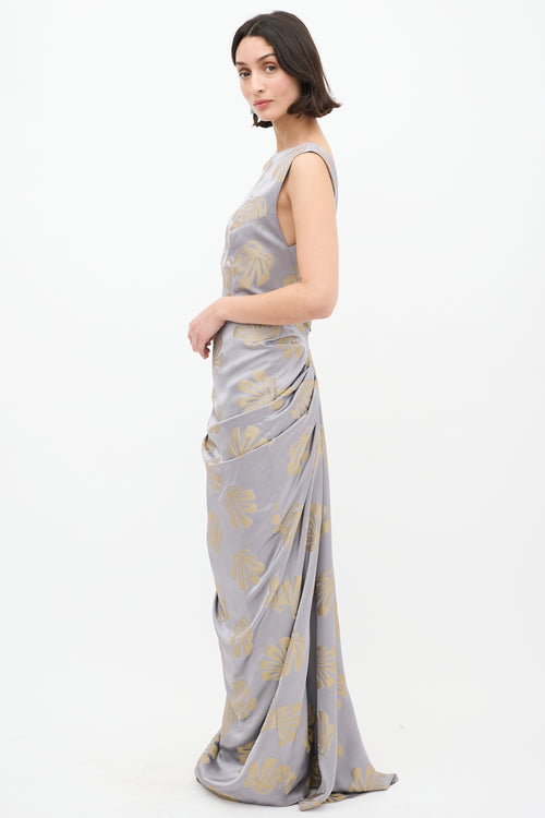 Dries Van Noten Silver & Gold Satin Danama Embroidered Gown