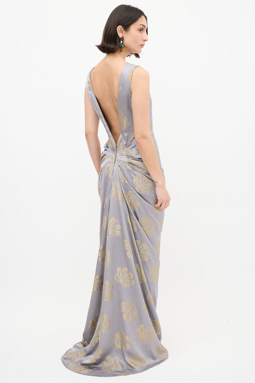 Dries Van Noten Silver & Gold Satin Danama Embroidered Gown